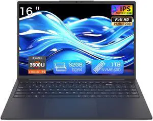Exsurf T160R Laptop, 16" FHD Display Computer, AMD Ryzen 5 3500U up to 3.7GHz, 32GB RAM, 1TB SSD, Fingerprint | Backlit keys | Windows 11 Pro, Black