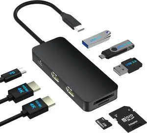 USB C Docking Station Dual Monitor for /HP/Mac Laptop, Dual HDMI Adapter for 2 Monitors, HDMI Splitter for Dual Monitors Extended Display, 8 in 1 USB C Hub Multiport Adapter with HDMI/USB/PD/SD/TF