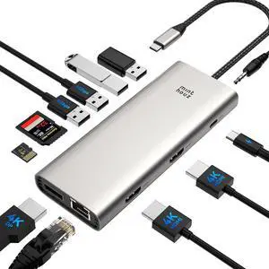 USB C Docking Station, Minthouz 12-in-1 Laptop Docking Station Dual Monitor with Dual 4k HDMI+8k DisplayPort+10Gbps, 3 USB A/C, 100W PD, Ethernet, SD/TF, Audio, USB C Hub for MacBook//HP/Surface