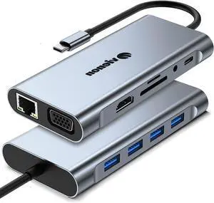 11-in-1 USB C Hub, Laptop Docking Station with RJ45 Gigabit Ethernet, 4K HDMI, 1080P VGA, SD/Micro SD Card Reader, 3.5 mm Audio Aux Jack, PD 100W Charging, Full Functional USB C Dongle