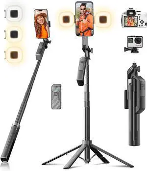 Selfie Stick Phone Tripod - 71 inch Tall Cell Phone Holder with Detachable Wireless Remote and 2 LED Lights for Recording, Video and Picture, Phone Stand for iPhone, Android, Camera & Gopro