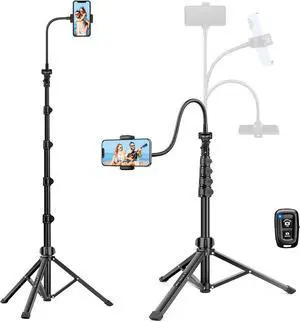 Phone Tripod Stand, 85" Tall Cellphone Tripod for iPhone with Gooseneck Remote, Flexible Portable Phone Stand for Recording, Compatible with iPhone 14 13 12 pro Android Camera