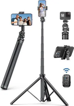 75" Phone Tripod, Selfie Stick with Remote and Phone Holder, Extendable Tripod for iPhone, Aluminum Cellphone TripodStand 360° Rotation Travel Tripods Compatible with iPhone Android, GoPro