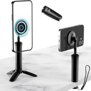 Magnetic Mini Tripod for iPhone, Desk Magnetic Phone Stand with Detachable Tripod & Desk Clamp, Portable for Video Recording/Travel/Selfie, Compatible with iPhone Magsafe & Smartphones(Black)