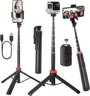 66" Tripod for iPhone & Camera, Portable Phone Tripod with Rechargeable Remote Control and Rotate Phone Stand, Selfie Stick for iPhone/Gopro and Cameras (red, 66 inch)