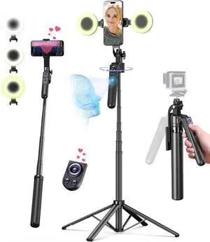 71 Auto Face Tracking Tripod for iPhone with Light,360° Rotating Phone Stand with Rechargeable Remote Control for TikTok Vlog Video Recording, Phone Tripod for Android Camera/GoPro/Ring Light