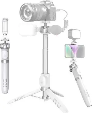 Vlogging Tripod for Phone and Camera, 48" Phone Tripod Stand with 3 Cold Shoes for Lights and Microphones (Both are not Included), Selfie Stick with Remote for Video Recording, White