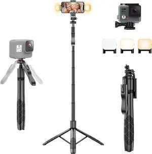 Selfie Stick Tripod for Phone with Light - 62" Phone Holder for Recording Selfie Stick Tripod Rotating Phone Stand Tall with Light 6 in 1 Selfie Stick with Light Portable Tripod