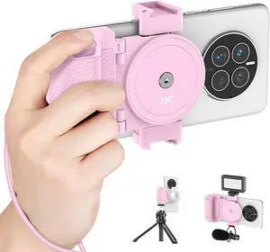 Phone Camera Grip Smartphone Photography Shooting Clip with Tripod Mount & Detachable Wireless Shutter Remote Control, Phone Selfie Grip Handle Stand for iPhone Samsung Android Phone Vlog Video Pink