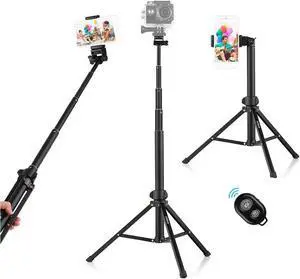 Andoer Selfie Stick Tripod 1.5m/59in Tripod Stand + Extendable Selfie Stick Aluminum Alloy with Phone Holder Remote Shutter Compatible with iPhone Android Phones Stand for LED Ring Light
