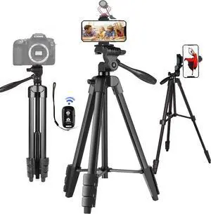 55'' Camera Tripod with Travel Bag, Cellphone Tripod with Remote, Aluminum Portable Travel Tripod Stand with Phone Mount for Phone/Camera/Projector/DSLR/SLR