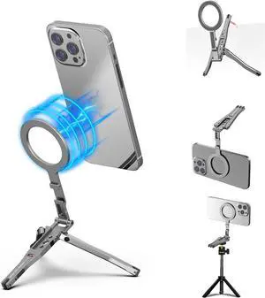 Magnetic Pocket Phone Tripod Aluminium Mini Desktop Foldable Magnetic Handheld Compatible for iPhone 16/15/14/13/12 Plus Pro Max,1/4" Tripod Phone Clamp Lightweight Travel