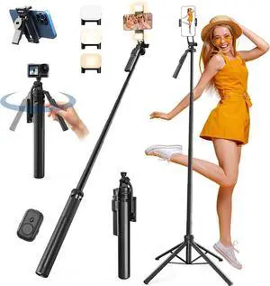 71" Tripod & Selfie Stick for iPhone, Phone Tripod Stand with Wireless Remote and LED Fill Light, Portable Selfie Stick Tripod Compatible with iPhone Android Phone, Camera, GoPro (71")