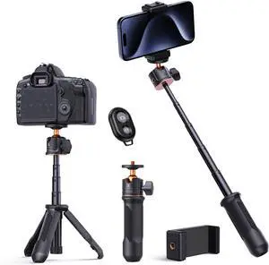 K&F Concept Selfie Stick Tripod, Handheld Tripod Small Camera Tripod Max Load Capacity 2kg, 1/4" Screw Universal for Sony A1 II A7 IV ZV-1F Canon G7X EOS R5D R6 Mark II DJI OSMO Pocket 3.(Black)