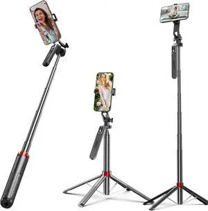 62" Phone Tripod for iPhone,Selfie Stick Tripod with Remote,Cell Phone Quadripod with Handheld Stabiliser for Video Recording,Compatible with Cell Phone iPhone Android GoPro with Light