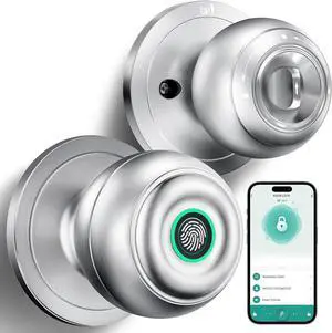 Fingerprint Door Lock, Smart Fingerprint Door Knob with Lock, Biometric Door Locks with App Control & Key, Keyless Thumbprint Entry Door Locks for Bedroom, Front Door, Home, Apartment-Silver