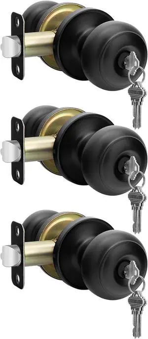 goldenwarm Black Exterior Door Knob Keyed Entry Door Knob with Lock and Key, Matte Black Entry Door Knobs for Front Door Bedroom Bathroom(3 Pack)
