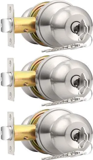 Probrico Brushed Nickel One Keyway Ball Door Knobs Entry Lock with Keys, 3 Pack Keyed Alike Door Locksets, Interior Exterior Keyed Hardware
