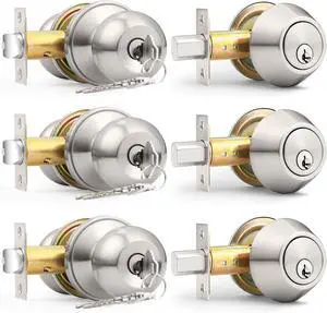 Probrico 3 Pack-Entry Door Knob and Deadbolt Lock Set, handleset with Single Cylinder Deadbolt Keyed Alike Combo Pack, Right or Left Handed, Entry Door Lever Exterior and Interior