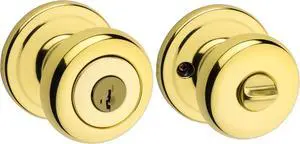 Kwikset Juno Entry Door Knob with Lock and Key, Secure Keyed Handle Exterior, Front Entrance and Bedroom, Polished Brass, Pick Resistant SmartKey Rekey Security