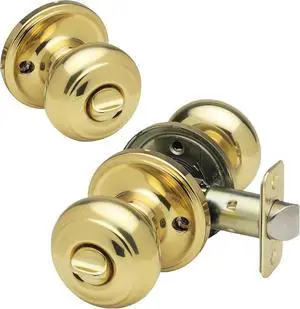 Copper Creek Polished Brass Door Knobs - Round Colonial Knob with Privacy Locking Function for Home Improvement, 1 Pack - Fits All Standard Doors - Locking Door Knob for Bedroom and Bathroom Use
