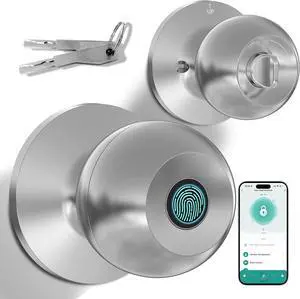 Smart Door Knob, Fingerprint Door Locks for Bedrooms with App Control & Key, Type-C Port Emergency Charging, Biometric Lock Suitable for Front Door, Home, Apartment, Office (Silvery)