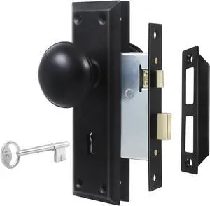 Mortise Lock Set for Interior Door, Vintage Old Door Knobs with Lock and Skeleton Key, Antique Door Knobs Matte Black Finish