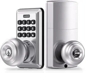Keyless Entry Door Lock, Door Knob with Keypad, Keypad Door Lock with Handle, Keyless Door Knob, Door Knob with Code, Auto Lock, Easy to Install - Satin Nickel
