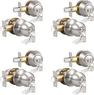 Keyed Alike Exterior Door Knob, Round Outdoor Lock with One Sided Deadbolt, Stainless Steel, Satin Nickel Door Knobs, Silver Door Handle Sets, 4 Pack