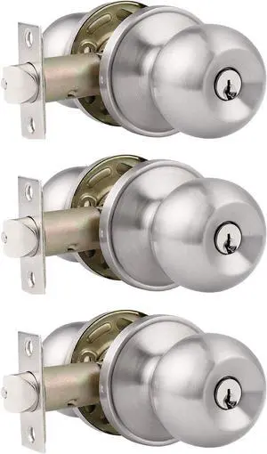 Probrico3 Pack Entry Door Knob Keyed Alike,Satin Nickel Finish Door Lock Handle,Entry Door Lock/Ball Door knobs with Lock and Same Key,Entrance Knob[Lock with 3 Combo Keys] for Office or Front Door