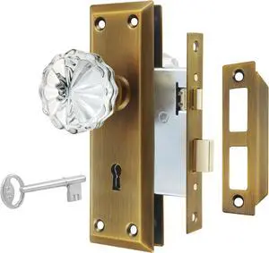 Mortise Lock Set for Interior Door, Antique Brass Door Knobs with Lock and Skeleton Key, Crystal Glass Door Knobs for Old Style Door