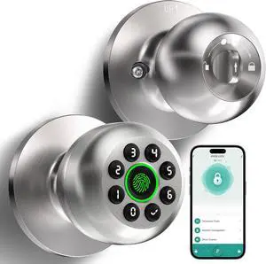 Fingerprint Door Lock, Smart Fingerprint Door Knob with Keypad, Biometric Door Lock with App Control, Auto Lock Door Lock with Code, Keyless Door Knob with Lock for Bedroom, Home,Office-Satin Nickel