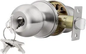 1 Pack Keyed Entry Door Knobs Exterior/Interior, Satin Nickel Round Door Knob with Key, Different Key for Each Pack, Stainless Steel Door Handle Lock