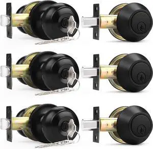 Probrico Entry Door Knobs Lock Set and Single Cylinder Deadbolt Combination Set, Entry Door Locksets with Deadbolt Same Key Flat Black (3 Pack), Keyed Alike
