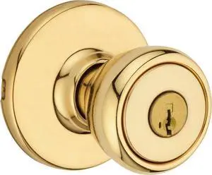 Kwikset Tylo Entry Door Knob with Lock and Key, Secure Keyed Handle Exterior, Front Entrance and Bedroom, Polished Brass, Pick Resistant SmartKey Rekey Security