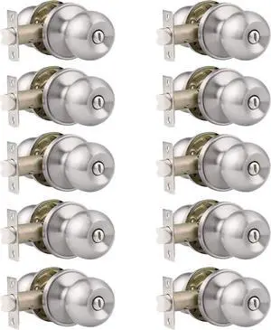 Probrico 10 Pack Bed/Bath Room Round Door Knob,Privacy Function for Bathroom/Bedroom,Interior Door Knobs with Lock Satin Nickel Finish, Keyless(Thumb Turn Lock on The Inside) Door Handles Locks