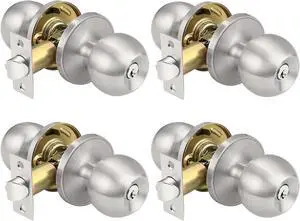 KNOBWELL Keyed Alike Door Locks in Brushed Nickel Finish, Keyed Entry Door Knob for Exterior Interior Door, Combo Pack Round Ball Shape Door Knobs, Exterior Door Handle, 4 Pack