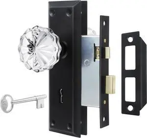 Mortise Lock Set for Interior Door, Vintage Old Style Door Knobs with Lock and Skeleton Key, Crystal Glass Door Knobs in Matte Black Finish