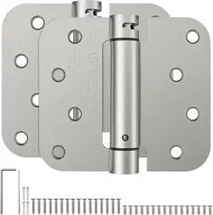 HOSOM Self Closing Spring Loaded Hinges, 4 Inch, Adjustable Tension for Garage, Front, Back Door, UL Listed, Left and Right Hand, 5/8'' Radius Corners, Brushed Nickel, 2 Pack