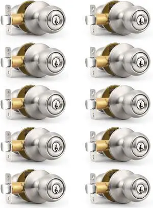 Probrico Keyed Alike Entry Knobs with Locks and Same Keys 10 Pack, Exterior Interior Door Locks, Brushed Nickel Finish, Standard Ball Entrance Door Locksets with Single Cylinder Knob