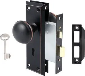 Mortise Lock Set for Interior Door, Vintage Antique Door Knobs with Lock and Skeleton Key, Old Door Knob Replacement Fits 1-3/8 in 1-3/4 in, Classic Oil Rubbed Bronze Finish