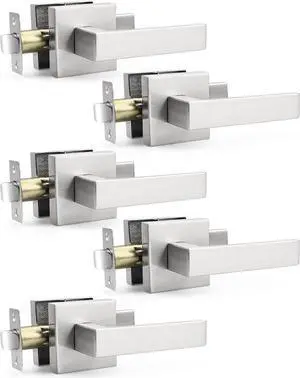 Probrico 5 Pack Square Door Lever Door Lock Handle Lockset Keyless Doorknobs Passage Knobs Lockset Interior Hallway Passage Closet in Satin Nickel