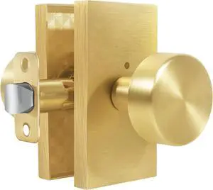 Satin Brass Zinc Alloy Privacy Door Knob with Lock, Heavy-Duty Round Handle with Rectangle Frame, Bedroom Bathroom Interior Quick Installation Lock Set, 1 Pack