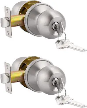 Probrico (2 Pack Keyed Alike Door Knobs Combo Pack, Brushed Nickel Ball Entry Door Knobs Entrance Lockset, Interior Exterior Single Cylinder Door Lock