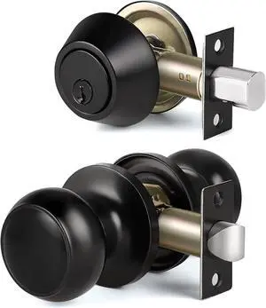 CML Hardware Keyed Entry Deadbolt Door Lock and Passage Knob Combo Set, Single Cylinder Deadbolt Lock with Keys and Non-Locking Knob for Exterior and Interior Door, Matte Black, 1 Pack