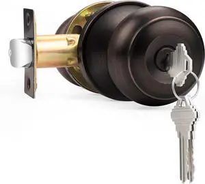 Probrico Door Knobs with Lock and Key, Exterior Door Locks, Flat Ball Knob Style, Oil Rubbed Bronze, 1 Pack