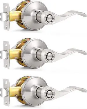 Probrico Satin Nickel Wave Style Privacy Door Levers Bath/Bed Door Handles, Interior Keyless Door Locksets, 3 Pack