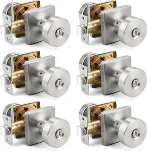 Probrico Privacy Door Knobs Interior 6 Pack, Satin Nickel Door Knob with Lock Inside, Keyless Bedroom and Bathroom Locking Classic Square Panel Door Knob
