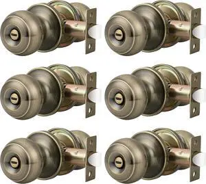 Probrico 6 Pack Privacy Door Knobs Lock Interior Bedroom Bathroom Door Handle Antique Brass Round Ball Keyless Lockset