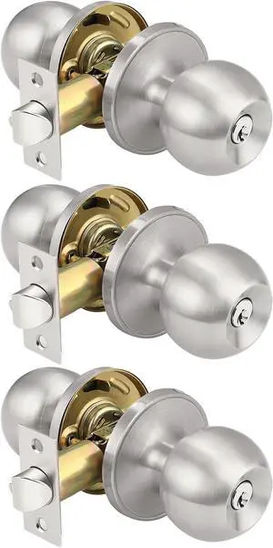 KNOBWELL Keyed Alike Door Locks in Brushed Nickel Finish, Keyed Entry Door Knob for Exterior Interior Door, Combo Pack Round Ball Shape Door Knobs, Exterior Door Handle, 3 Pack